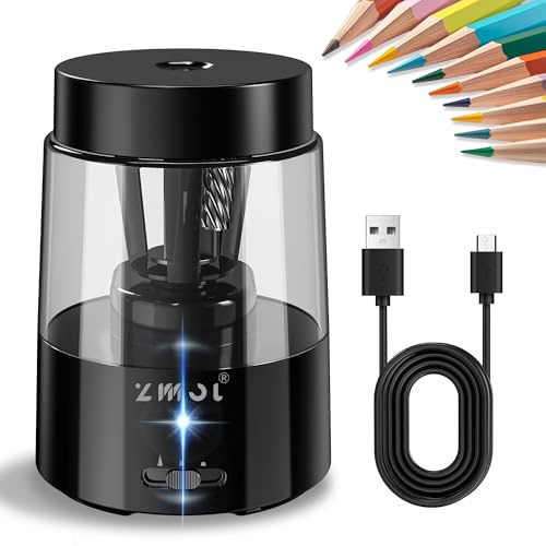 ZMOL Temperamatite elettrico ricaricabile, temperamatite automatico per bambini, alimentato a batteria, per matite colorate, arresto automatico, adatto per n. 2 (6-8 mm), colore nero