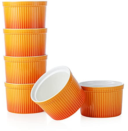 240ml Moldes para soufflé, Henten Home Juego de 6 Moldes de Porcelana para Hornear, Pudín, Creme Brûlée, Tazas de Flan, Salsa para Servir (240ml, Naranja Tropical)
