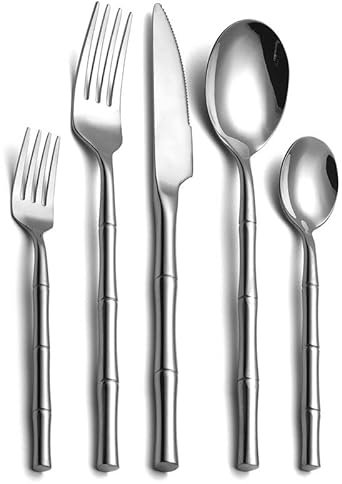 Geschirr 30-teiliges Bambus-Griff Besteck-Set Edelstahl Steakmesser Gabel Set Servieren 6 Personen Geschirrspüler verfügbar Tafelservice (Farbe: 30 Stück Silber)