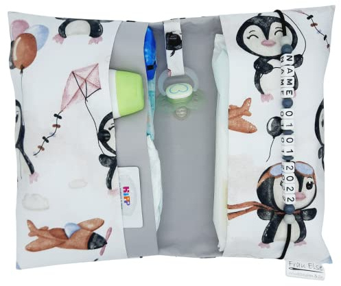 Frau Else Große Windeltasche XXL mit Name Wickeltasche Tiere Pinguine mit Luftballon und Flugzeug