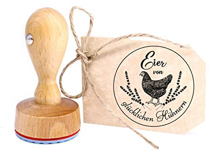 Stempel Eier von glücklichen Hühnern - Motiv Schwarzes Huhn Vintage Kranz - Rundstempel Eierstempel - 39x39 mm
