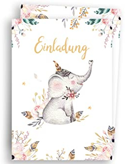 Friendly Fox 12 Aquarell Elefant Einladung, Einladungskarten Kindergeburtstag Elefant, DIN A6 Geburtstagseinladung mit Umschlag