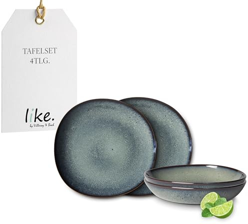 like. by Villeroy & Boch - Lave Gris Geschirr Set Aus Steingut, 4Tlg., Pottery Look, Tafelservice Für 2 Personen, Grau