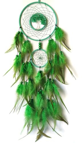 Donko Green Dream Catcher Wall Decor Crystal Tree of Life Dream Catchers Handmade Feather Dreamcatcher Wall Hanging Ornament for Bedroom Living Room Home Decor