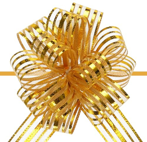 QUARKZMAN Lazos Regalos Grande de Organza 10cm 5uds, Cinta Metálica para Envolver Regalos, Lazos de Hilo de Gasa Tono Dorado para Regalos de Boda Cestas Navidad