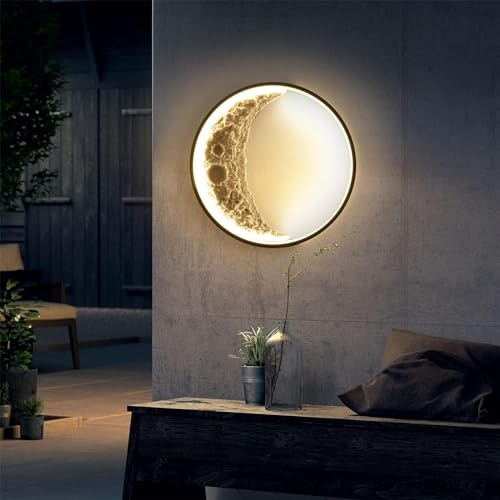 OOWOKS Aussen Wandleuchte Mond 60cm LED Außenwandleuchte Dimmbar Innen Wandlampe mit Fernbedienung IP65 Wasserdicht Außen Lampe Mond Wandbeleuchtung für Garten Flur Terrassen Schlafzimmer Wohnzimmer