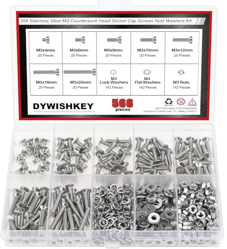 DYWISHKEY 566 piezas M3 x 4/6/8/10/12/16/20 mm, tornillos de cabeza avellanada, tuercas, arandelas, kit de tornillos de cabeza plana M3, acero inoxidable 304