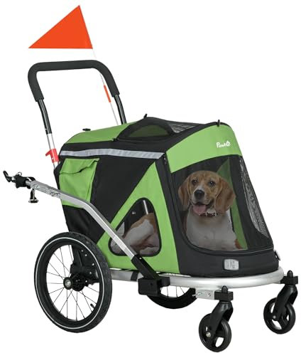 PawHut 2-in-1 Fahrradanhänger für Hunde Hundeanhänger Hundebuggy & Jogger mit Sicherheitsleine, Hundewagen mit Reflektoren Stoßdämpfer für Mittelgroße Hunde bis 20 kg, Oxford-Gewebe, Grün