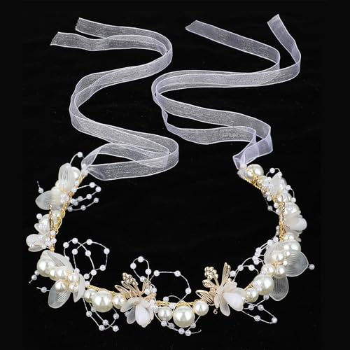 Bremorou White Pearl Bridal Headpiece - Flower Girl Headband With Ribbon - Wedding Hair Accessory