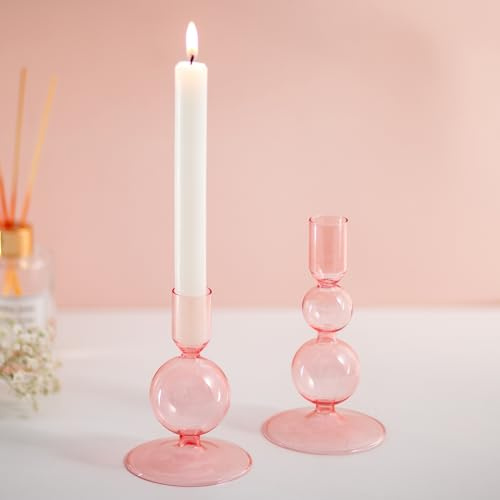 Glasseam Rosa Kerzenständer Stabkerzen: 2 Stück Kerzenhalter Stabkerze | 2 Verschiedene Formen & Größen, Farbig Stabkerzenhalter, Für Tisch Deko, Weihnachten, Wohnzimmer, Esstisch Dekoration