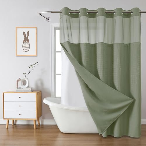 eachope SageGreen Duschvorhang ohne Haken, Waffelgewebe, mit Snap-in-Ersatz, 230 g/m², wasserdichter Stoff, Hotel-Duschvorhang-Set für Badezimmer, durch Netzfenster oben, 71 x 74 cm (B x H)