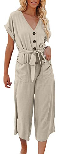 Damen Elegant Jumpsuit | O-Ausschnitt Lang Overall Hosenanzug Playsuit Romper mit Gürtel Festlich Weites Bein Playsuit (004b Beige, XXL)
