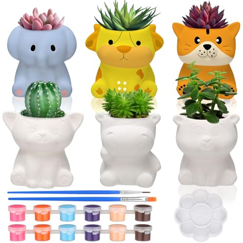 Beeveer 6 juegos de macetas para suculentas de animales con forma de safari, mini macetas de cerámica sin pintar, macetas de plantas suculentas pintables para manualidades, actividades de proyectos de