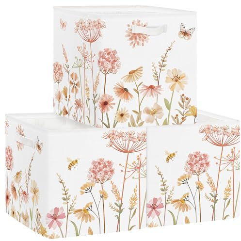 Clastyle Set di 3 Scatole Portaoggetti Boho Fiore Cubo di Stoccaggio per Bambini Armadio Vestiti Cesto per Scaffali per Libri Beige Piante Scrigno dei Giocattoli della Scuola Materna