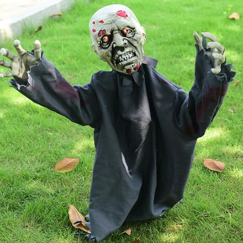 Halloween Dekoration Schwingender Geist Zombie Horror Requisiten mit Gruseligem Sound und Leuchtenden Augen,Halloween Deko Outdoor Kopf Skelett Garten Rasen Totenkopf Spukhaus Deko (Blau, L)