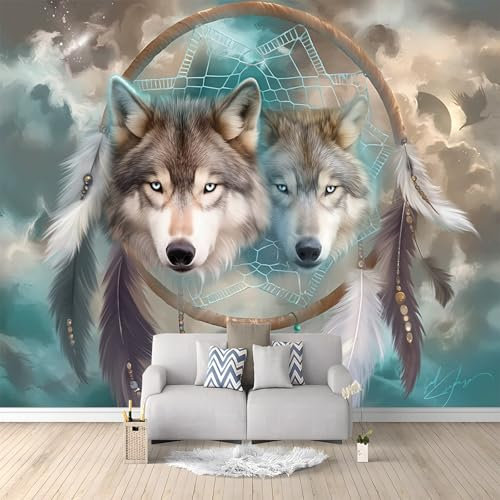 Générique Papier Peint intissé Attrape-Rêves Animal Loup 200x140 cm Papier Peint Photo Panoramique, Poster Geant Mural Personnalisé 3D, pour Salon Cuisines Chambre Adulte Enfant Décor Murale