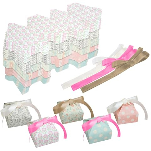 JINGIHE 20 Stück Kleine Geschenkbox, 7,5 x 7,5 x 3,5 cm Hochzeit Geschenkkarton mit 3 Colors Band, Gift Box Geschenkschachtel für Party Geburtstag Dekorationen, DIY Geschenk Taufe