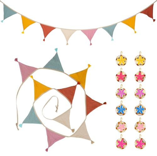 Washable Cotton Fabric Triangle Pennant, Fabric Bunting Banner, Reusable Outdoor Cotton Pennant Flags with 12 Colourful Bells, Double Sided Triangle Baby Bunting for Wedding Birthday Parties