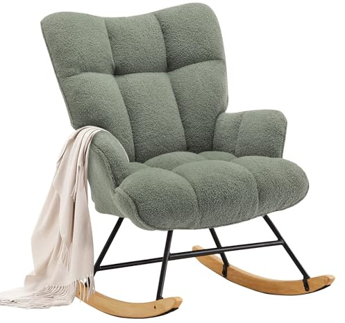 XH.Easy Go Schaukelstuhl Stillsessel Schaukelsessel mit Armlehnen Gepolsterter Schwingsessel Stillstuhl Sessel Relaxsessel für Wohnzimmer Schlafzimmer Babyzimmer, Bis 136kg Belastbar, Grün