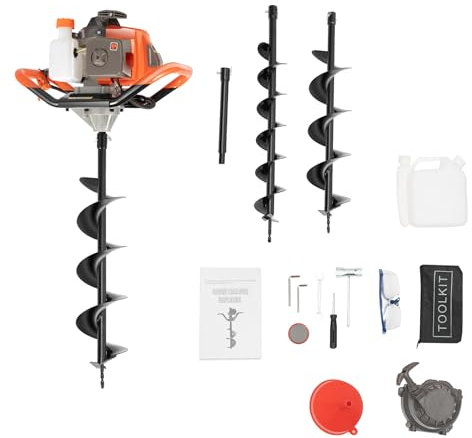 71CC 2 Stroke Petrol Earth Auger Fence Post Hole Borer Kit 2.3KW 300RPM Post Hole Auger 1L Fuel Tank Capacity Auger Post Hole Digger with 3 Drill Attachments 100mm 150mm 200mm 30.5CM Extension Rod