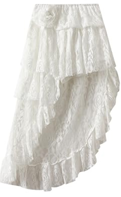 Geagodelia Gonna Estiva in Pizzo a Vita Alta Gonna Asimmetrica con Orlo Arricciato Gonna Elegante A-Line Midi