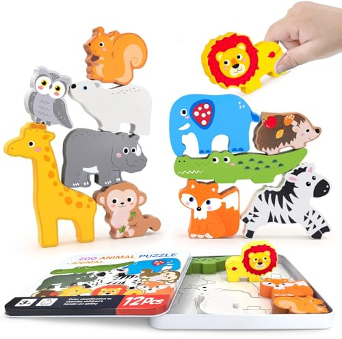 12 Stück Holzpuzzle Waldtiere Puzzle ab 3 Jahre, Holzspielzeug Puzzle, Steckpuzzle Geschenk für Kinder, Kinderpuzzle Holz Greifpuzzle Tiere, Lernspielzeug Pädagogisches für Jungen und Mädchen