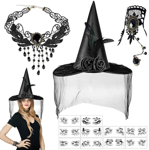 Forbabe 13er Halloween Hexenhut Damen Set, Steampunk Vampir Kostüm | Hexe Accessoires mit Schwarz Hexenhut Gothic Quasten Halskette Spitze Armbänder & 10 Gesichtstattoo für Karneval Maskerade