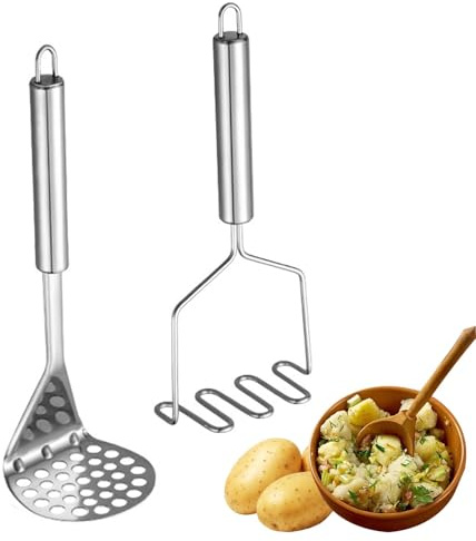 2 teiliger Kartoffelstampfer, robuster Lebensmittelstampfer aus Edelstahl mit Griff für Kartoffelpüree, Marmelade, Gemüse und Obst(Silber)