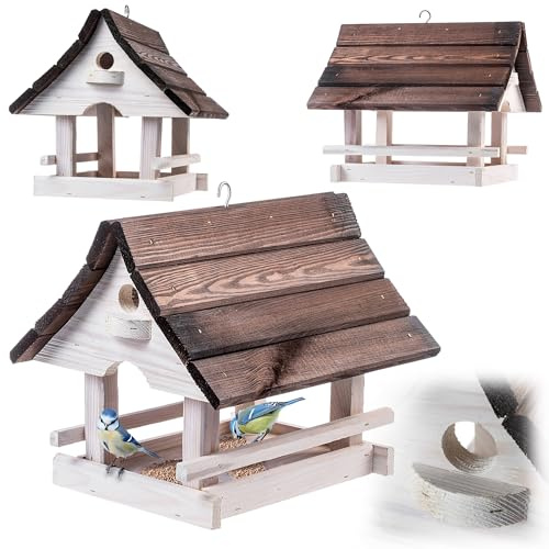 KADAX Vogelhaus zum Aufhängen, Vogelfutterhaus aus Holz, wetterfest Futterhaus für Vögel im Garten & Balkon, Vogelhäuschen, Vogelfutterstation (Weiß-Dunkelbraun)