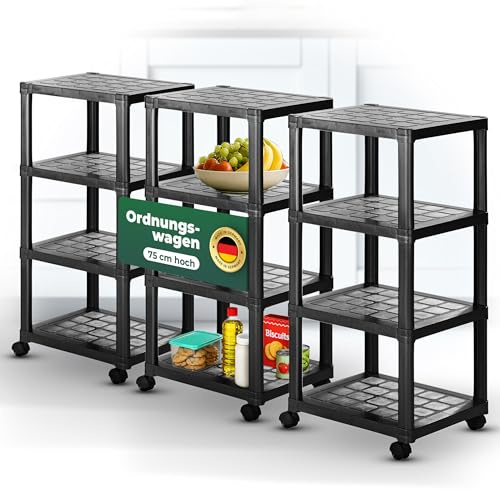 Novaliv 3er-Set Rollwagen mit 4 Etagen Schwarz, Badezimmer-Regal Badregal Bad Küche Ordnungswagen Beistellwagen Allzweckwagen Putzwagen Ordnungswagen Schrank Bastelwagen Aufbewahrung Organizer