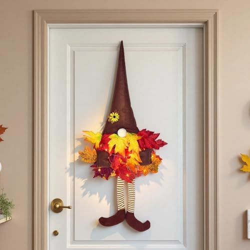 Wichtel Türkranz Herbst mit LED Licht, Herbstkranz Haustür mit Ahornblatt, Herbstdeko Hängende Türkranz Herbst Außen und Innen, Wichtel Herbstblätter für Herbst Thanksgiving Tür Dekoration (Orange)