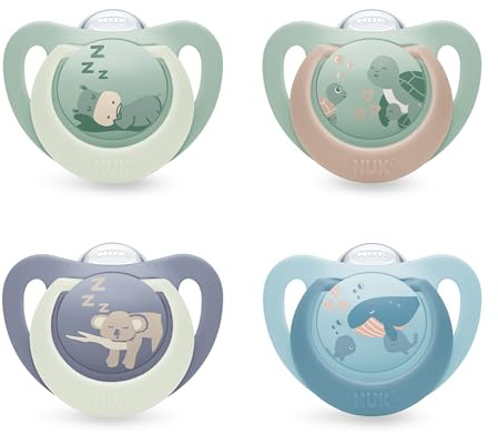 NUK First Choice Day & Night Succhietti per Bambini | 6-18 Mesi | Succhietti Ortodontici che si Illuminano al Buio | Calma il 99% dei bambini** | Assortiti | Confezione da 4