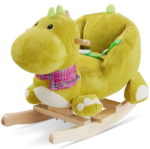 tectake® Cavallo a Dondolo per Bambini Dinosauro dai 12 Mesi, Dondolo Neonati in Peluche Morbido, Struttura in Acciaio, Pattini in Legno Massiccio, Cintura di Sicurezza, Schienale Alto, Effetti Sonori