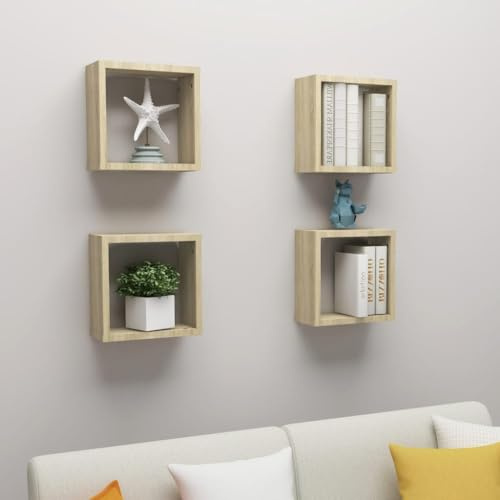 Owoxanthellate Wandregal Set 4er Sonoma Eiche 30x15x30 cm Massiver Holzwerkstoff Wand-Würfelregal Modernes Design Schweberegal Dekoration für Living Room Bedroom Küche