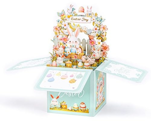 Biglietto di Pasqua 3D, biglietto pop-up per occasioni di Pasqua, design 3D con cestino pasquale e coniglio, 18 x 18 cm, coniglietto festivo e uova colorate, regalo creativo per bambini, figlia