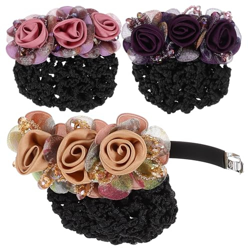 IMUSINICE 3 Piezas de Accesorios el Cabello con Flores, Pinzas de Red de Tela para Moño, Redes el Cabello de Mujer y Niña, Soporte para Bollos en Colores Rosa, Dorado Claro