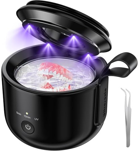 Upgraded Cordless Ultrasonic Retainer Cleaner:48kHz Portable Ultrasonic Denture Cleaning for Dental Pod with UV Light