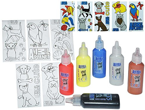 alles-meine.de GmbH 14 TLG. Set Glasmalfarbe und Vorlagen - Hunde Haustiere Katzen Planet Animal - z.B. für Fensterbilder - Bastelset Malen Malset für Mädchen Jungen Kinder -..