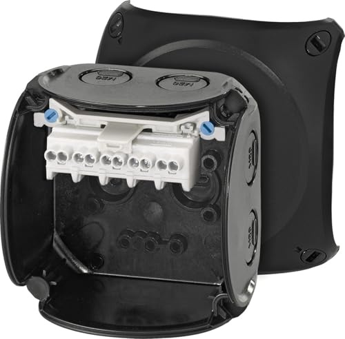 Hensel KF 0202 B Kabelabzweigkasten wetterfest IP66 mit Klemme | Feuchtraumdose bis 2,5 qmm, mit 5-poliger Klemme, für Outdoor & Keller, schwarz
