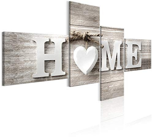 decomonkey Bilder Home 200x100 cm 4 Teilig Leinwandbilder Bild auf Leinwand Vlies Wandbild Kunstdruck Wanddeko Wand Wohnzimmer Wanddekoration Deko Haus Holz Herzen Liebe Vintage Retro