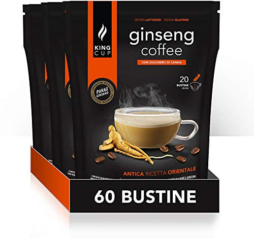 King Cup - 3 Paquets de 20 Sachets Solubles de Ginseng au Sucre de Canne, 60 Stick de 20 Gr pour Boisson Aromatisée Ginseng à Ajouter à Eau Chaude, Sans Gluten et Sans Lactose
