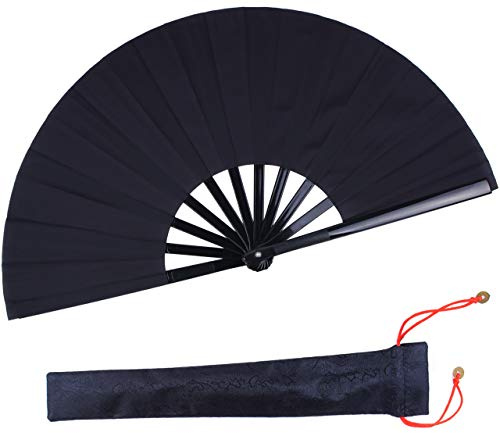 Faltbarer Fächer, schwarz, großer Handfächer, chinesischer Kung Fu Tai Chi, Handfächer, Kunststoff, Nylon, Faltfächer für Herren, mit Stoffhülle zum Schutz, 33 cm