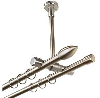 Gardinenstange 2-läufig aus Metall zur Deckenmontage 16 mm, Farbe Edelstahl mit Endstück Flamme, 180 cm