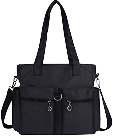 NOTAG Damen Nylon Shopper, Multi Tasche Wasserdichte Schultertasche Groß Multifunktion Umhängetasche für Reise (Schwarz)