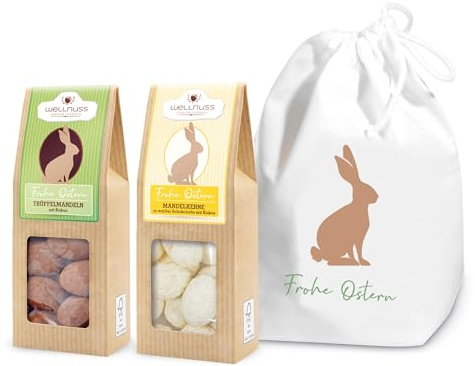 wellnuss Premium Oster-Geschenk für Männer & Frauen - Trüffelmandeln (60g) & Kokosmandeln (60g) - Schokoladen Geschenk für Ostern - Ostergeschenk