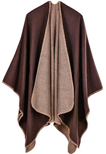 Lifetooler Poncho de mujer Chaqueta de frente abierto Chaqueta de invierno Dama de capa reversible Impreso de gran tamaño Envolturas a cuadros Tartán Patrón geométrico Mantón (café)