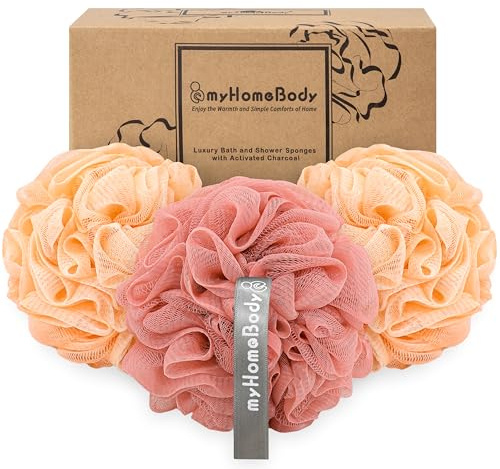 myHomeBody Stor 70 g luffasvamp, kroppsskrubbar, badsvamp, luffa för kvinnor, män, exfolierande duschpuff med aktivt kol – 2 persikor + 1 korallröd, 3-pack