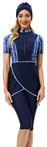 Odizli Damen Muslim Bademode Modest Tankini Islamisch Kurzärm Schwimmoberteile+Schwimmhose+Hijab 3tlg Ganzkörper Schwimmanzug