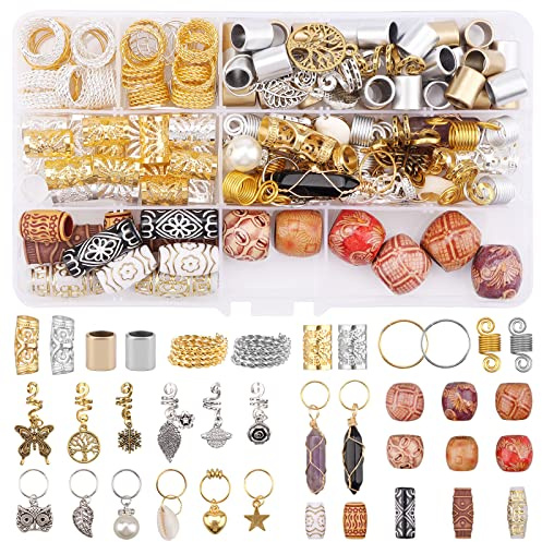 EBANKU 184-teiliges Haar Schmuck-Set für Zöpfe und Dreadlocks - Aluminium Haarspulen, Old Gold Metall-Pendant, Holzperlen & mehr