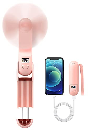 FADACHY Ventilador de mano plegable, mini ventilador de mano portátil, funciona con pilas, recargable por USB, con banco de energía, pantalla LCD, ventilador de bolsillo personal para pestañas,